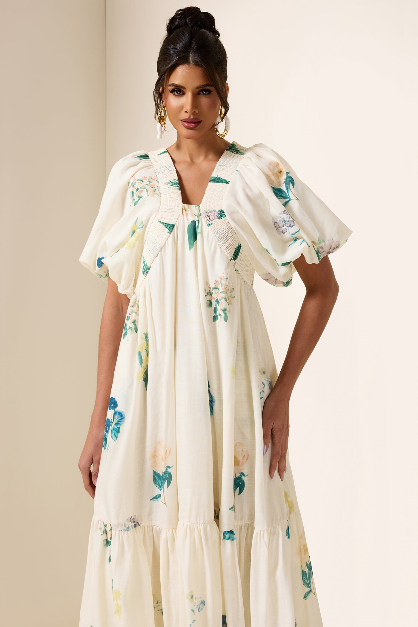 Reyanna™ | Floral Puff Sleeve Smocking Midi Dress