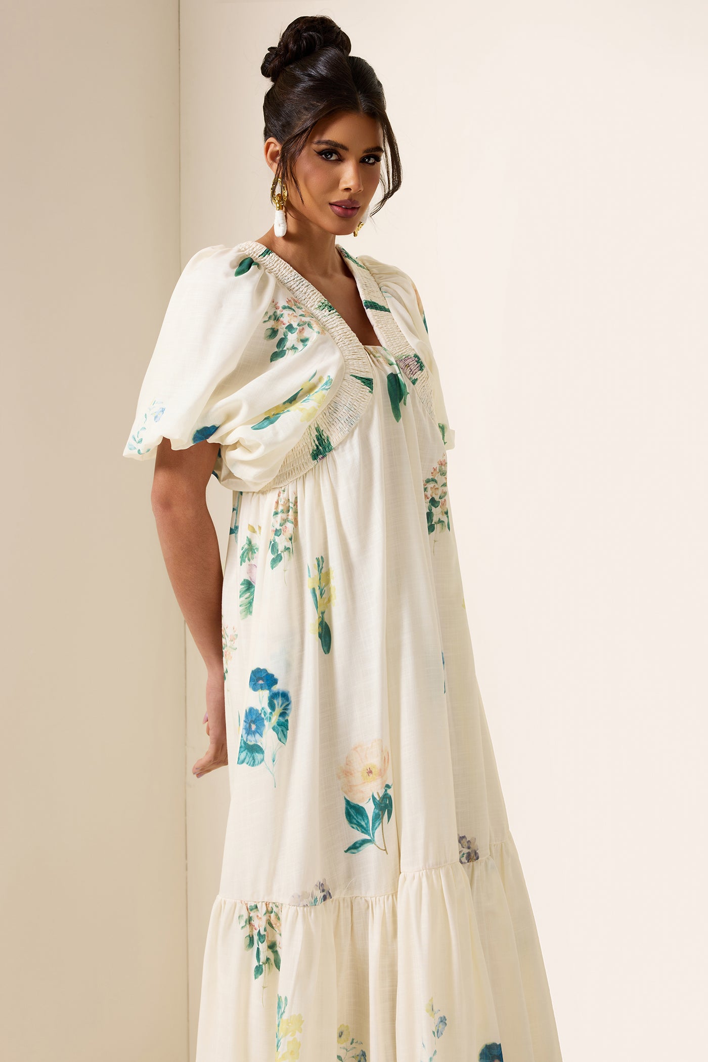 Reyanna™ | Floral Puff Sleeve Smocking Midi Dress
