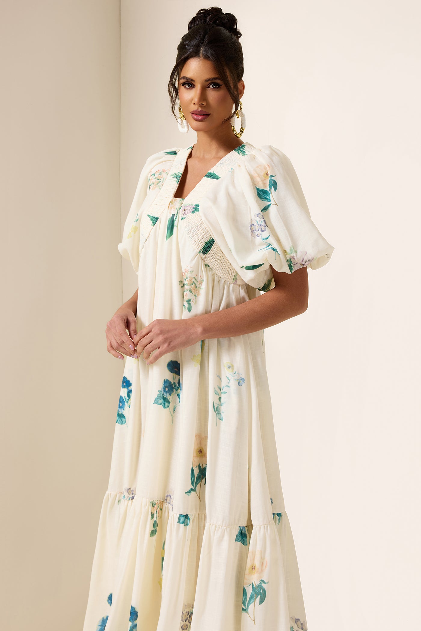 Reyanna™ | Floral Puff Sleeve Smocking Midi Dress
