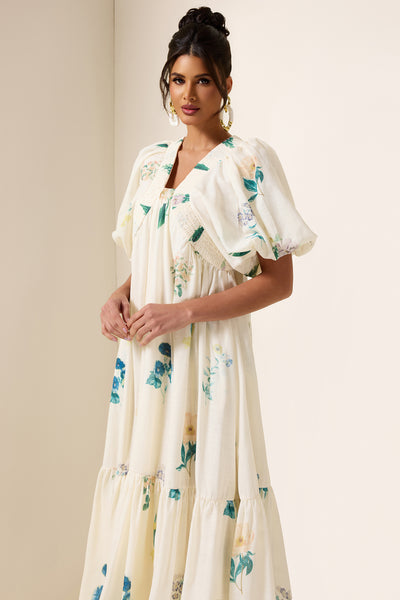 Reyanna™ | Floral Puff Sleeve Smocking Midi Dress