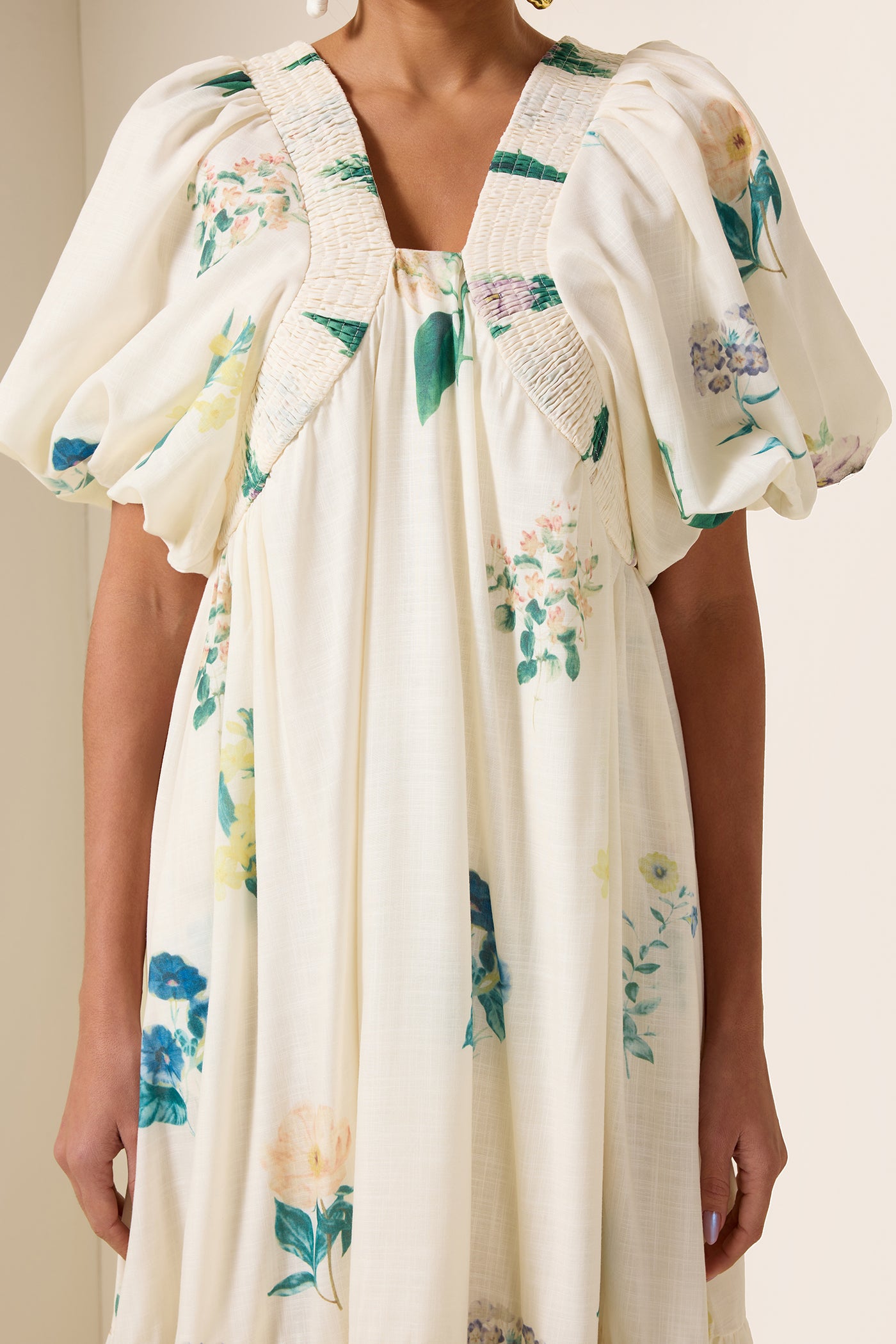 Reyanna™ | Floral Puff Sleeve Smocking Midi Dress