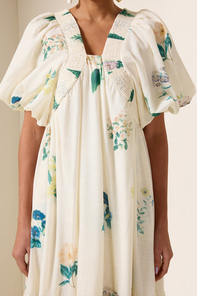 Reyanna™ | Floral Puff Sleeve Smocking Midi Dress