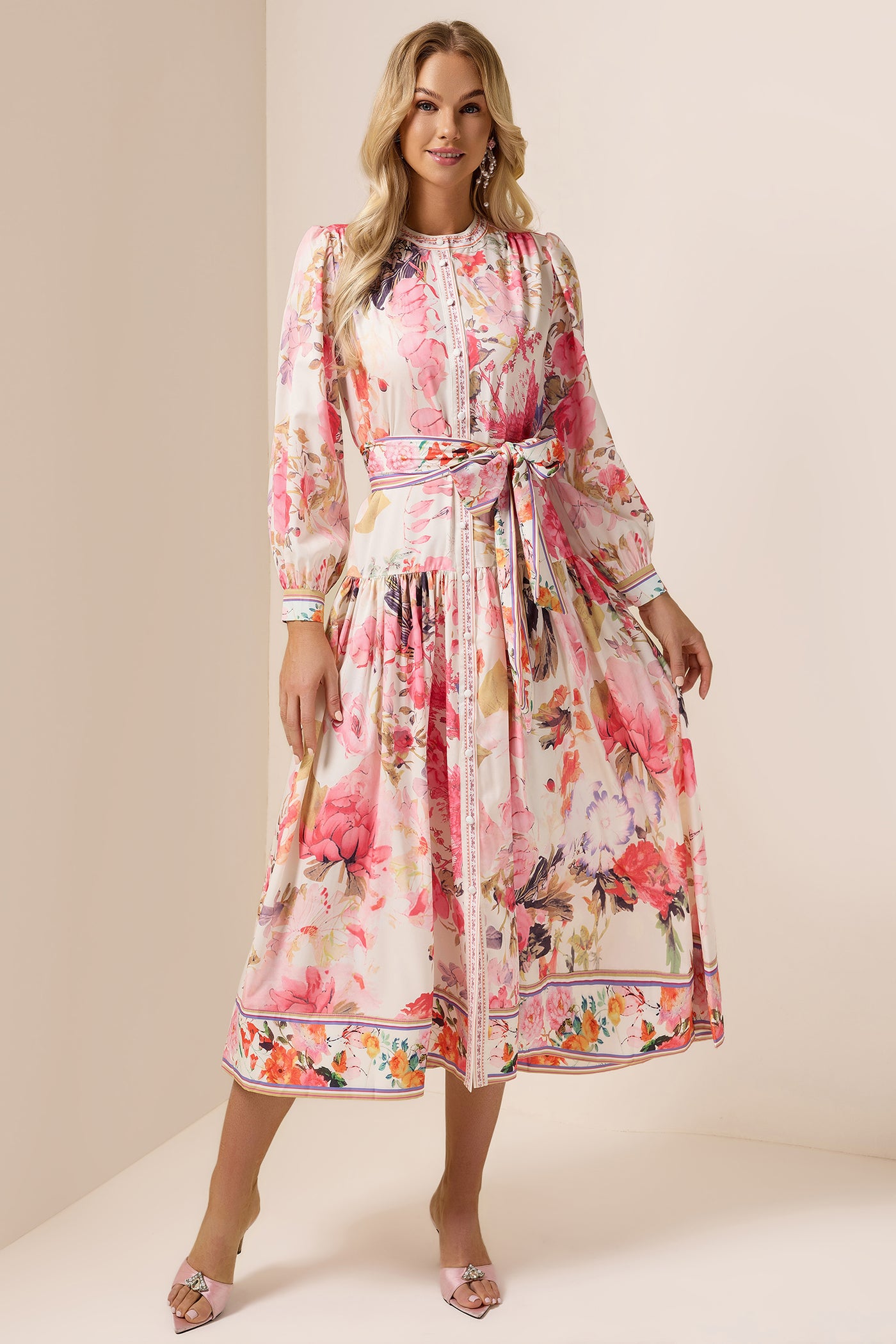 Reyanna™ | Floral Lantern Sleeve Bottom Midi Dress With Belt