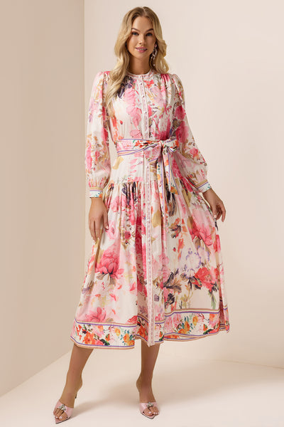 Reyanna™ | Floral Lantern Sleeve Bottom Midi Dress With Belt