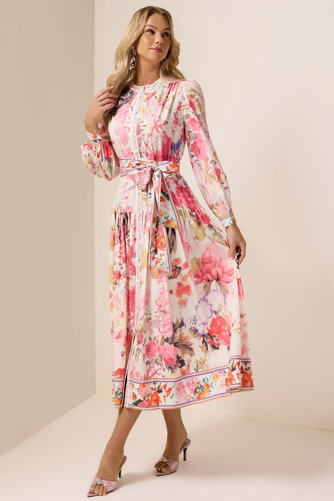Reyanna™ | Floral Lantern Sleeve Bottom Midi Dress With Belt