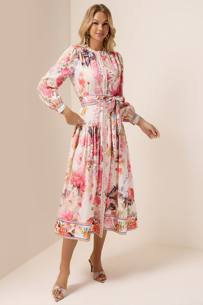 Reyanna™ | Floral Lantern Sleeve Bottom Midi Dress With Belt