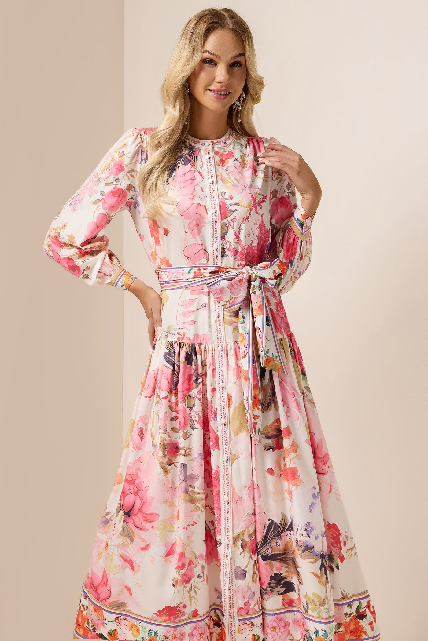 Reyanna™ | Floral Lantern Sleeve Bottom Midi Dress With Belt