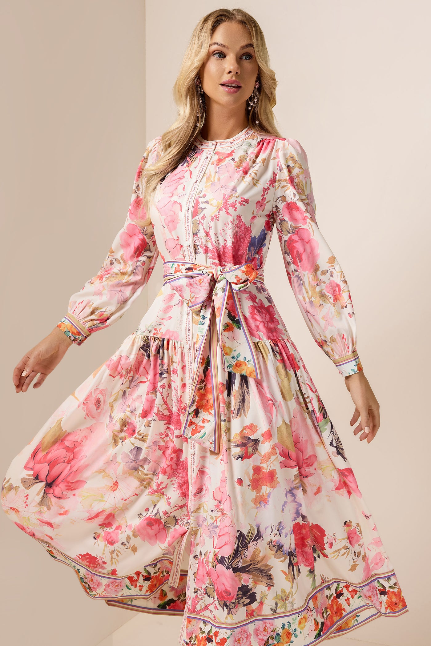 Reyanna™ | Floral Lantern Sleeve Bottom Midi Dress With Belt