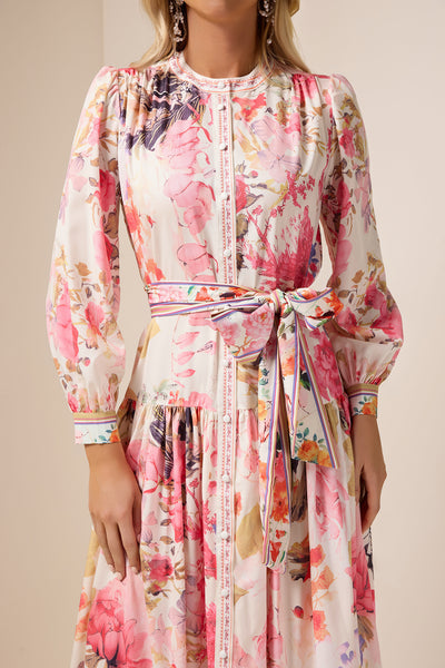 Reyanna™ | Floral Lantern Sleeve Bottom Midi Dress With Belt