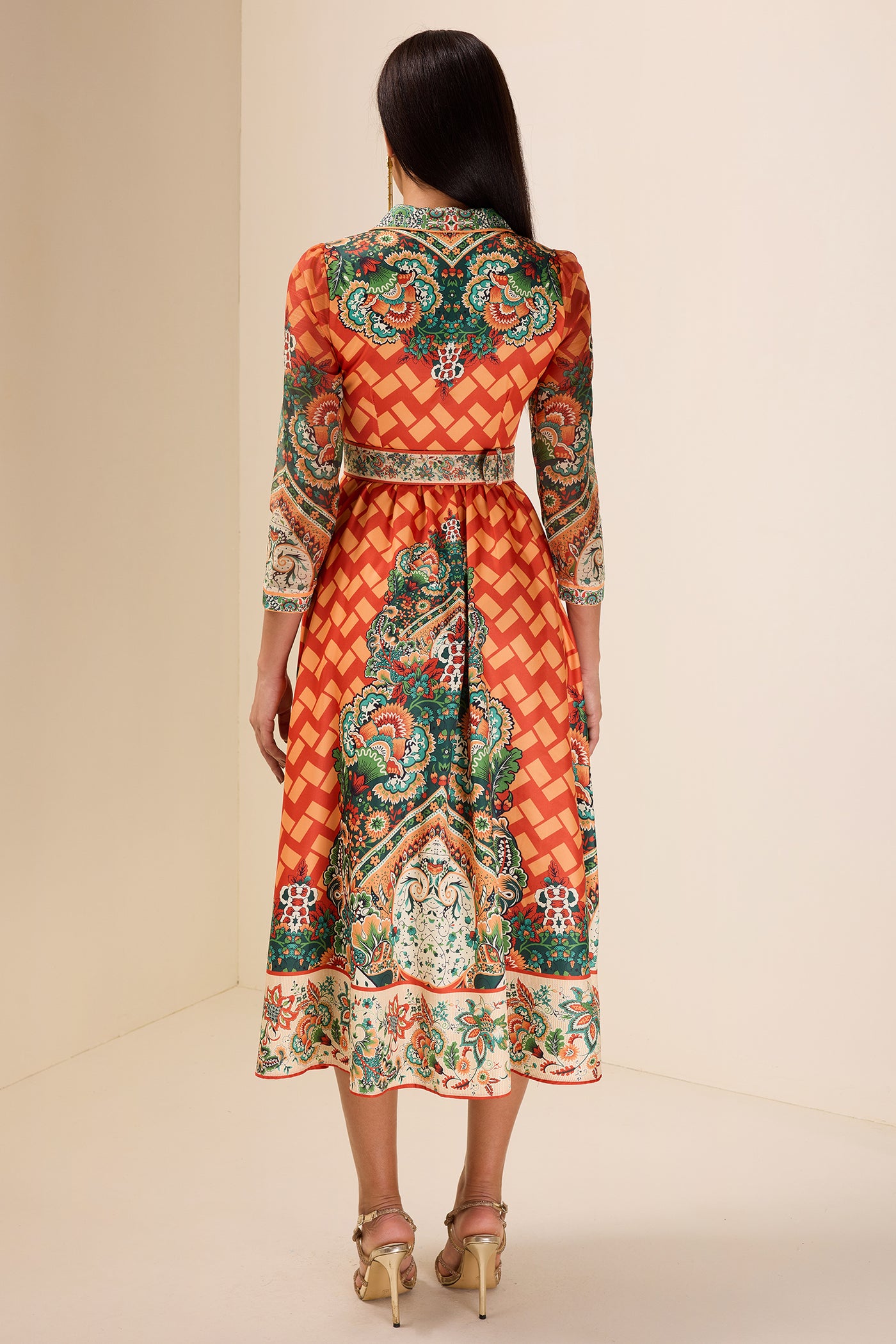 Reyanna™ | Botanical Print Long Sleeve Midi Dress With Belt
