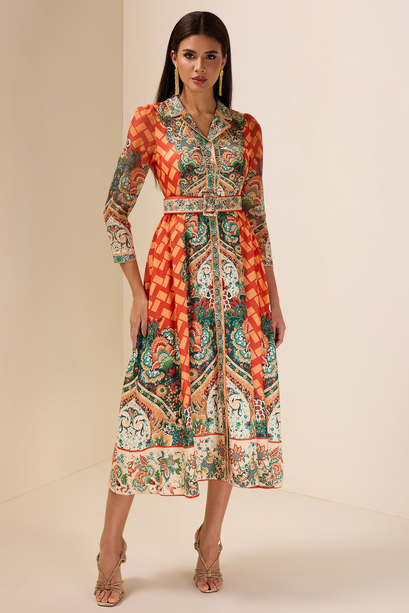Reyanna™ | Botanical Print Long Sleeve Midi Dress With Belt