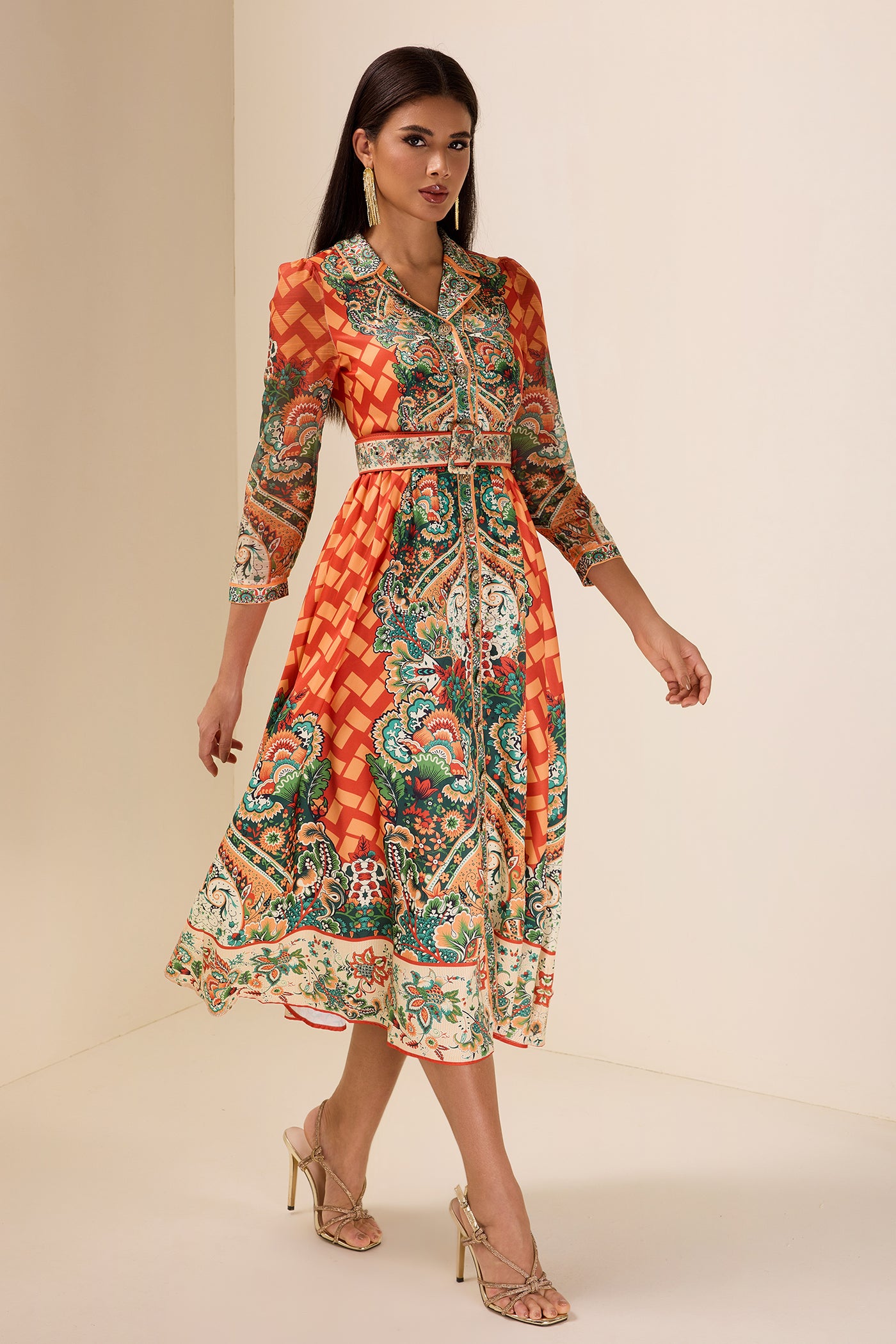 Reyanna™ | Botanical Print Long Sleeve Midi Dress With Belt