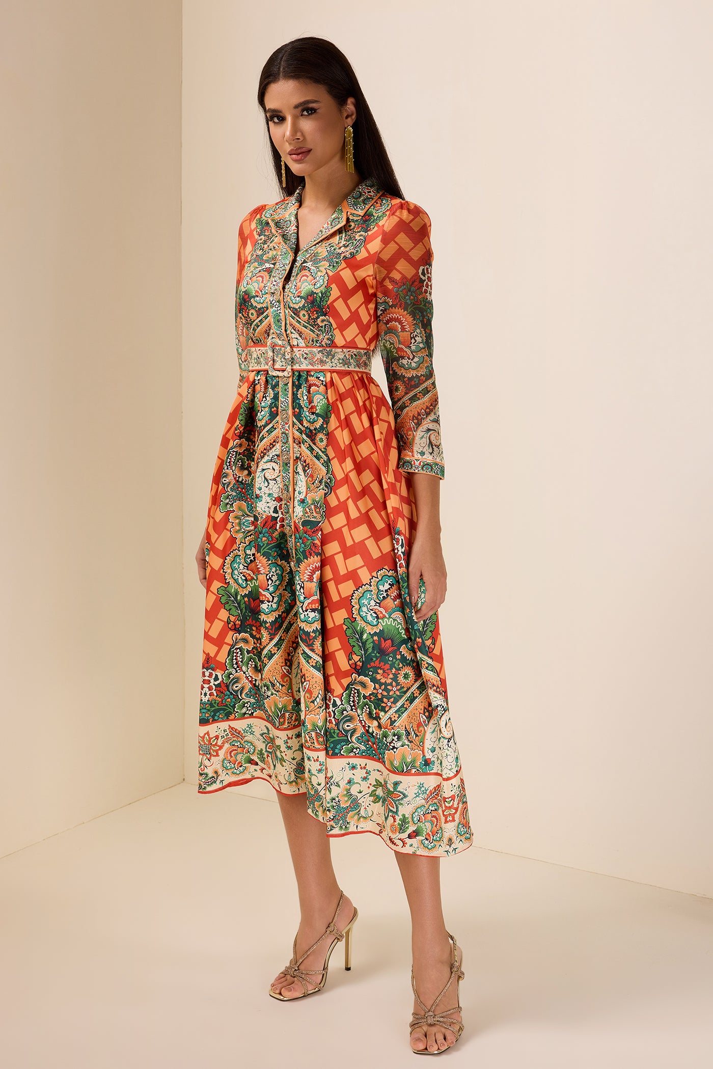 Reyanna™ | Botanical Print Long Sleeve Midi Dress With Belt