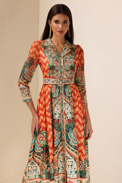 Reyanna™ | Botanical Print Long Sleeve Midi Dress With Belt