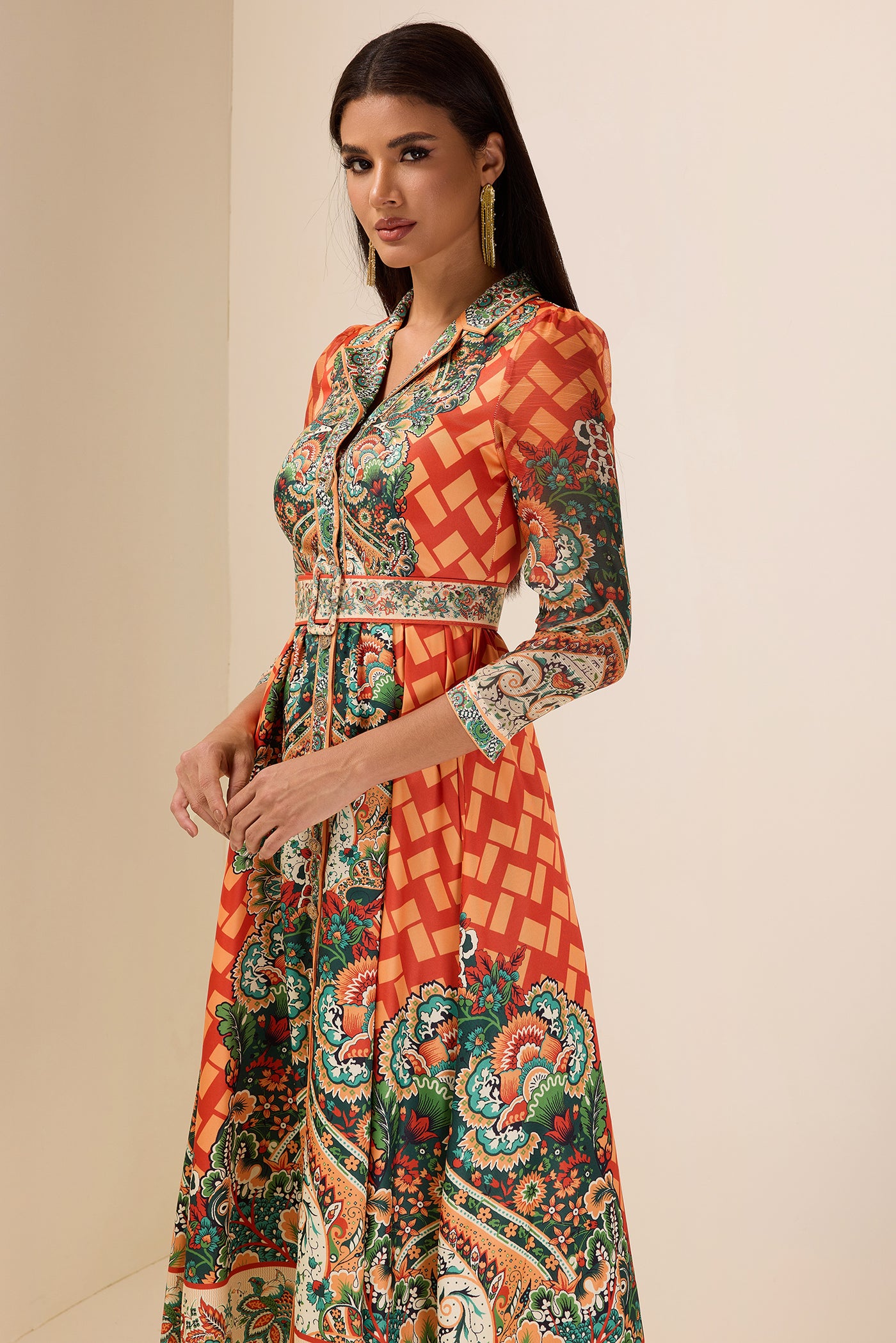 Reyanna™ | Botanical Print Long Sleeve Midi Dress With Belt
