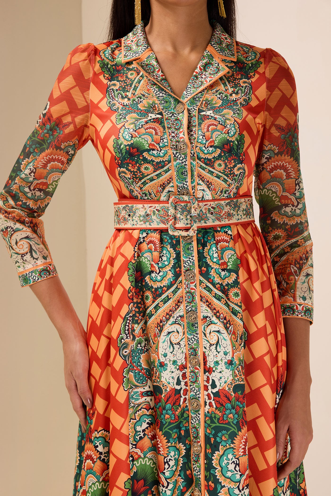 Reyanna™ | Botanical Print Long Sleeve Midi Dress With Belt