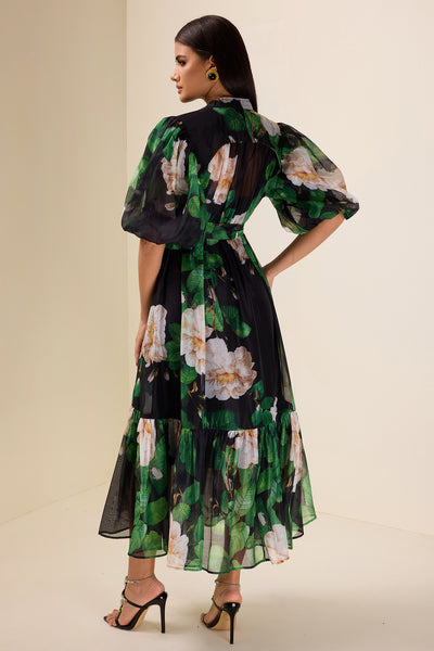 Reyanna™ | Single Breasted Flower Puff Sleeve Midi Dress