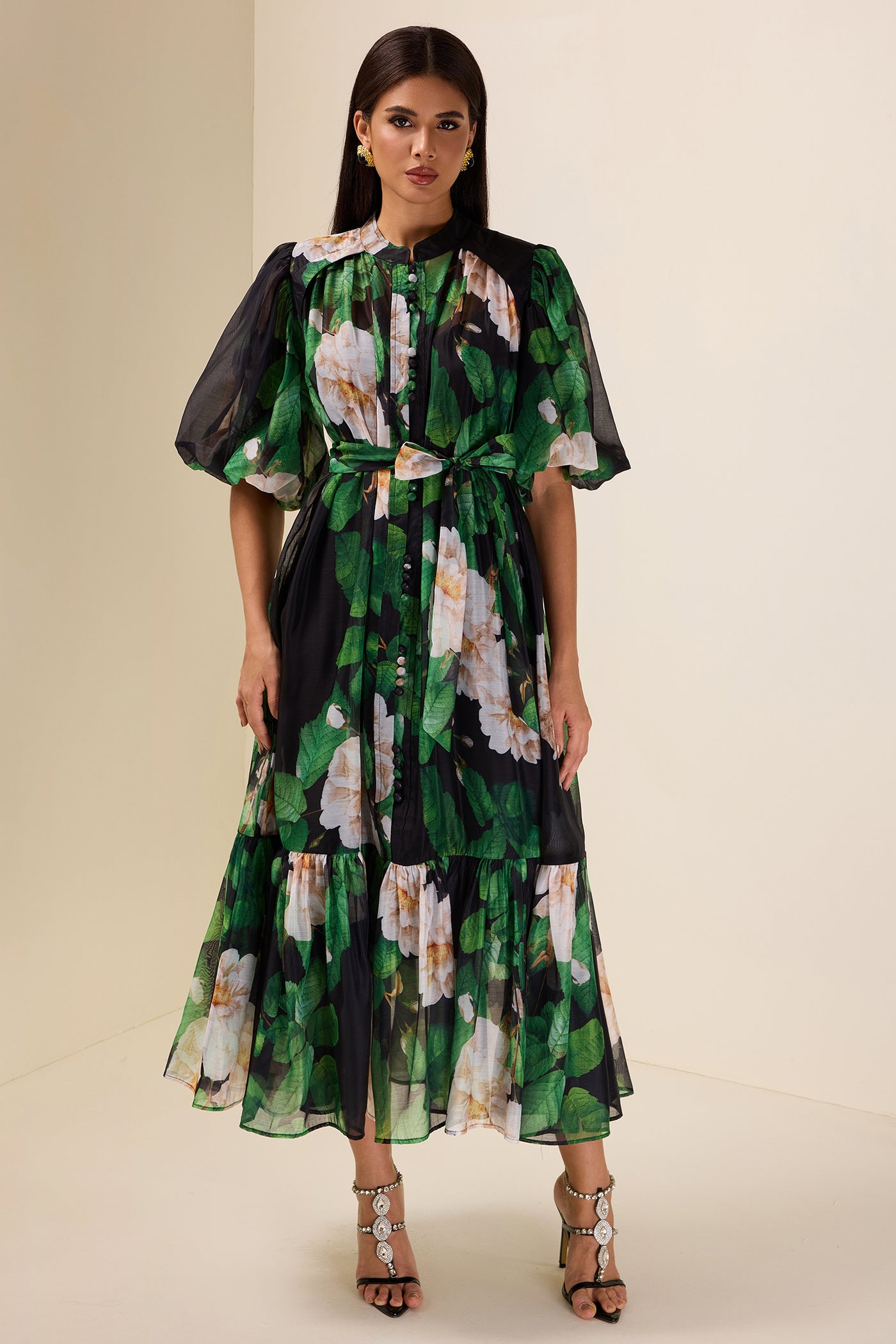 Reyanna™ | Single Breasted Flower Puff Sleeve Midi Dress
