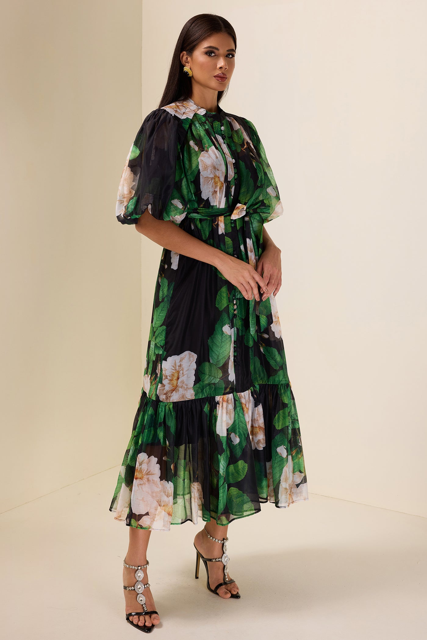 Reyanna™ | Single Breasted Flower Puff Sleeve Midi Dress