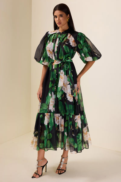 Reyanna™ | Single Breasted Flower Puff Sleeve Midi Dress