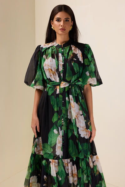 Reyanna™ | Single Breasted Flower Puff Sleeve Midi Dress