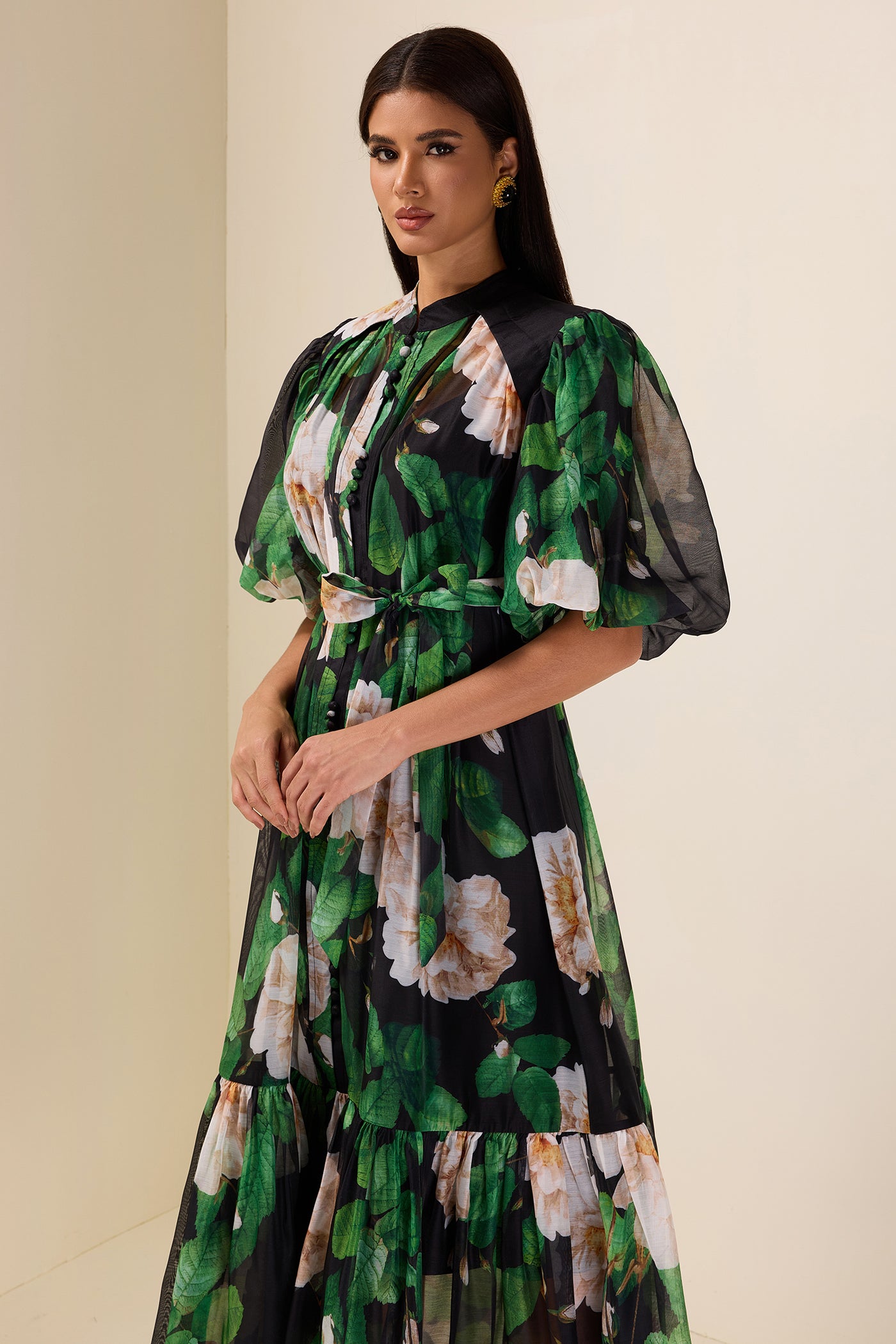 Reyanna™ | Single Breasted Flower Puff Sleeve Midi Dress