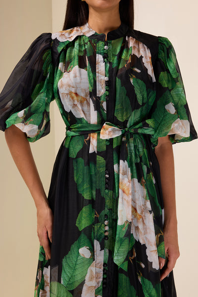 Reyanna™ | Single Breasted Flower Puff Sleeve Midi Dress