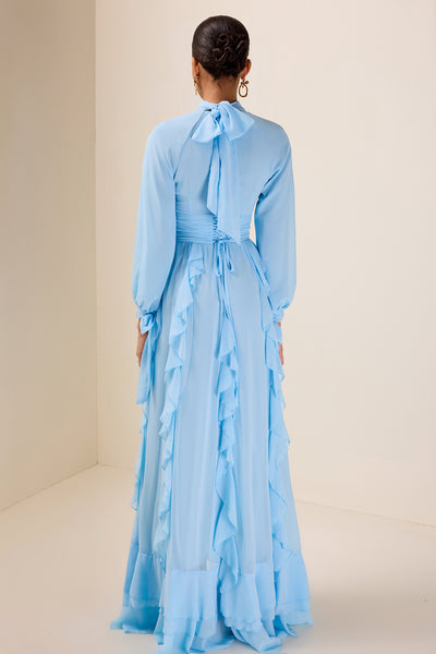 Reyanna™ | Solid Stand Collar Long Sleeve Frill Maxi Dress
