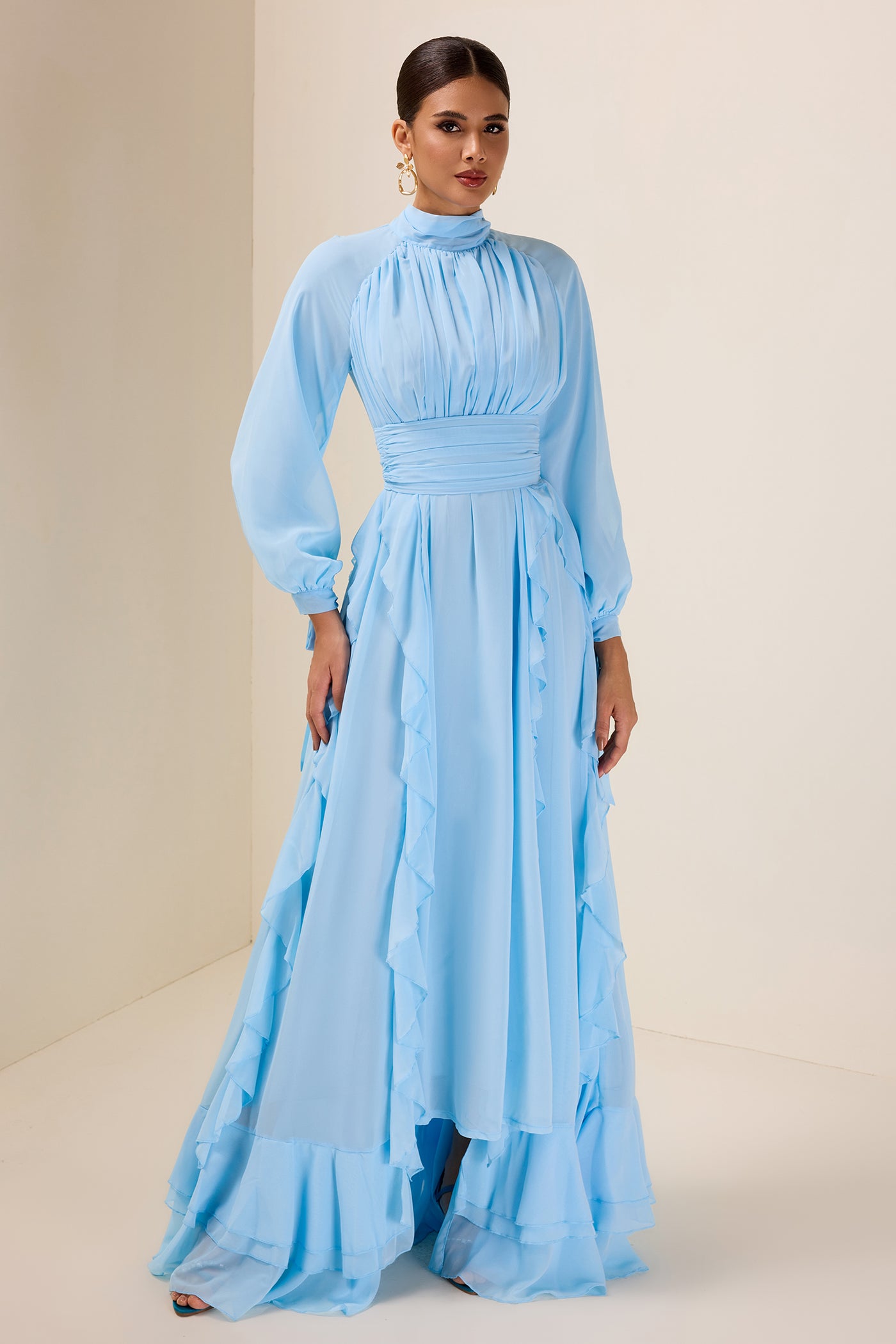 Reyanna™ | Solid Stand Collar Long Sleeve Frill Maxi Dress