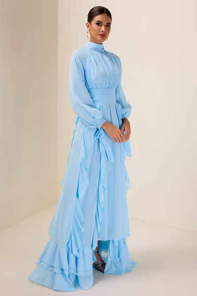 Reyanna™ | Solid Stand Collar Long Sleeve Frill Maxi Dress
