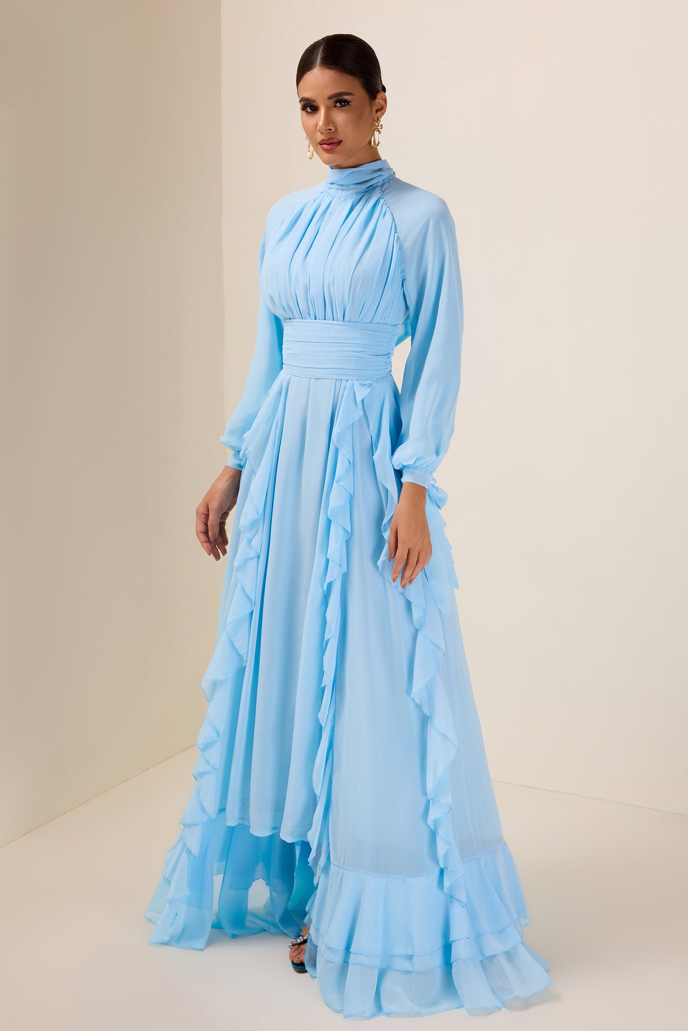 Reyanna™ | Solid Stand Collar Long Sleeve Frill Maxi Dress