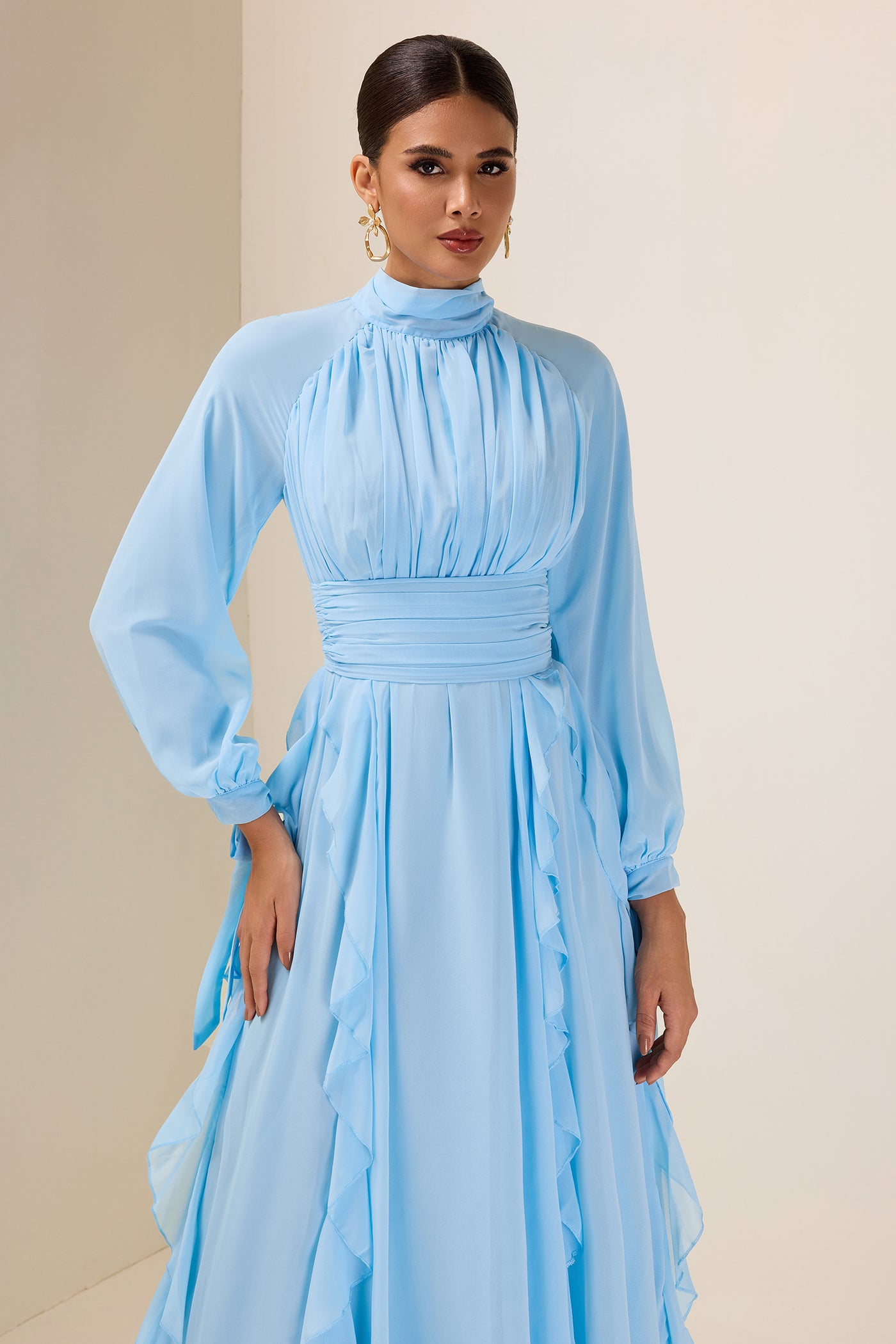 Reyanna™ | Solid Stand Collar Long Sleeve Frill Maxi Dress