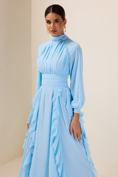 Reyanna™ | Solid Stand Collar Long Sleeve Frill Maxi Dress