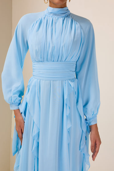 Reyanna™ | Solid Stand Collar Long Sleeve Frill Maxi Dress