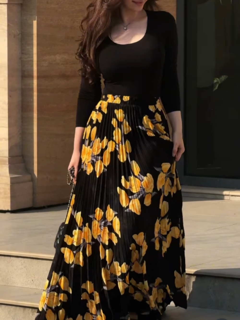 Reyanna™ | Yellow printed pleated skirt + top set
