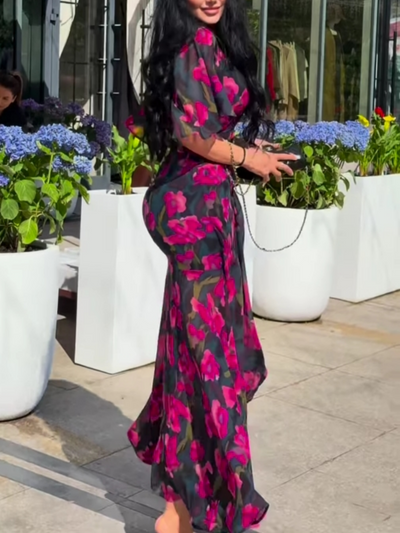 Reyanna™ | Retro V-neck trumpet sleeve printed dress