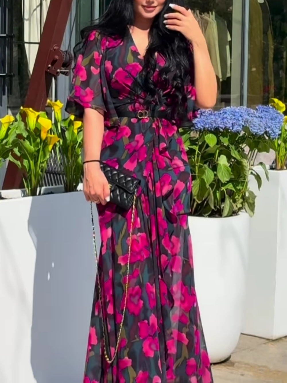 Reyanna™ | Retro V-neck trumpet sleeve printed dress