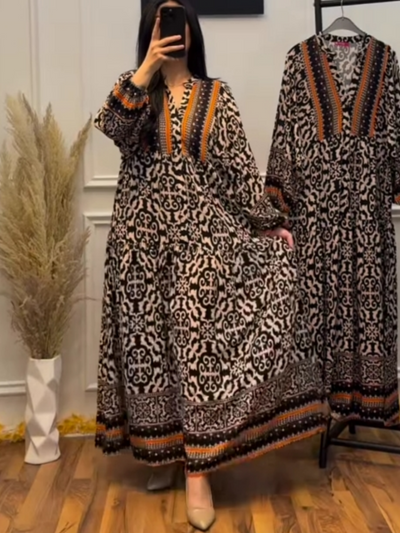 Reyanna™ | Contrast color V-neck long sleeve printed dress