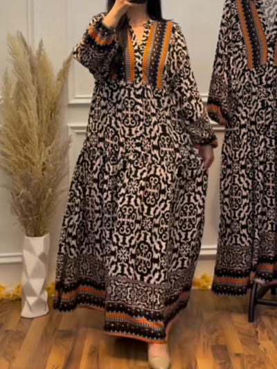 Reyanna™ | Contrast color V-neck long sleeve printed dress