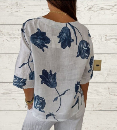 Reyanna™ | Printed Linen-Cotton V-Neck Pullover Shirt