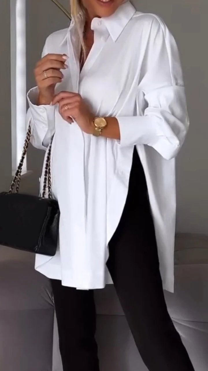 Reyanna™ | White Lapel Slit Shirt