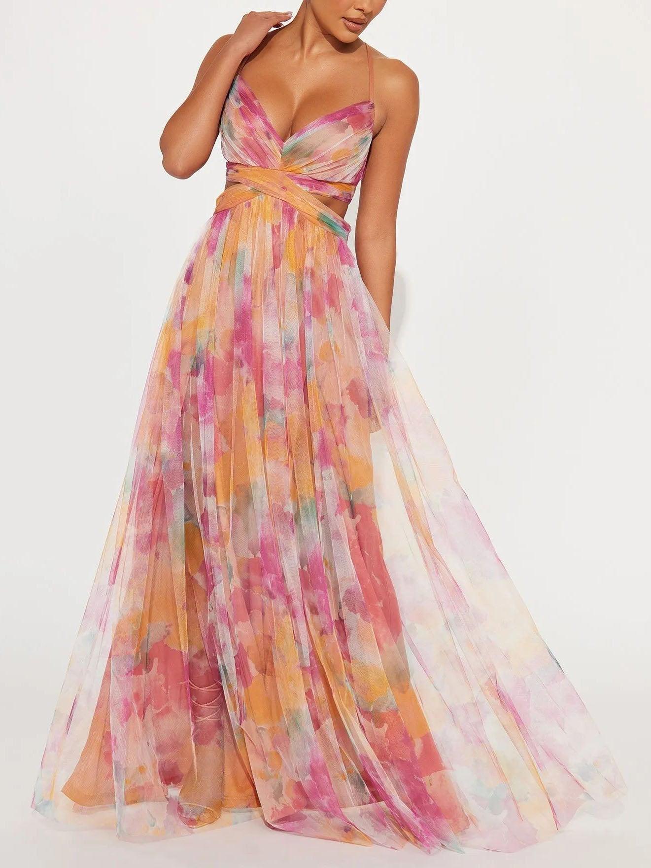 Reyanna™ | Elegant Painted Floral Print V-Neck A-Line Maxi Dress