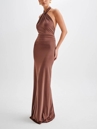 Reyanna™ | Slinky Halter Maxi Dress - Brown