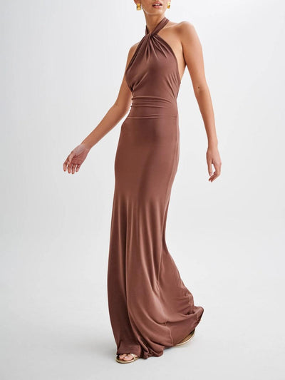 Reyanna™ | Slinky Halter Maxi Dress - Brown