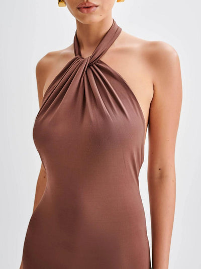 Reyanna™ | Slinky Halter Maxi Dress - Brown