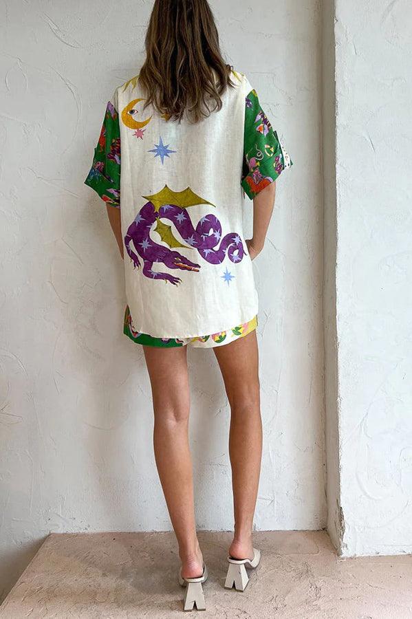 Reyanna™ | Days of Heaven Linen Blend Unique Print Blouse and Elastic Waist Pocketed Shorts Set