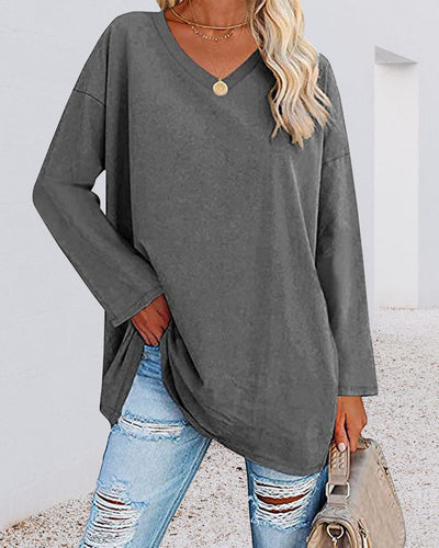 Enfärgad v-ringad långärmad dam t-shirt
