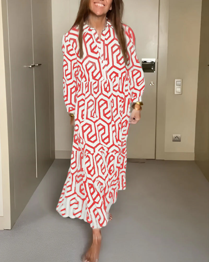 Klänning med nio punkters ärm och geometriskt tryck