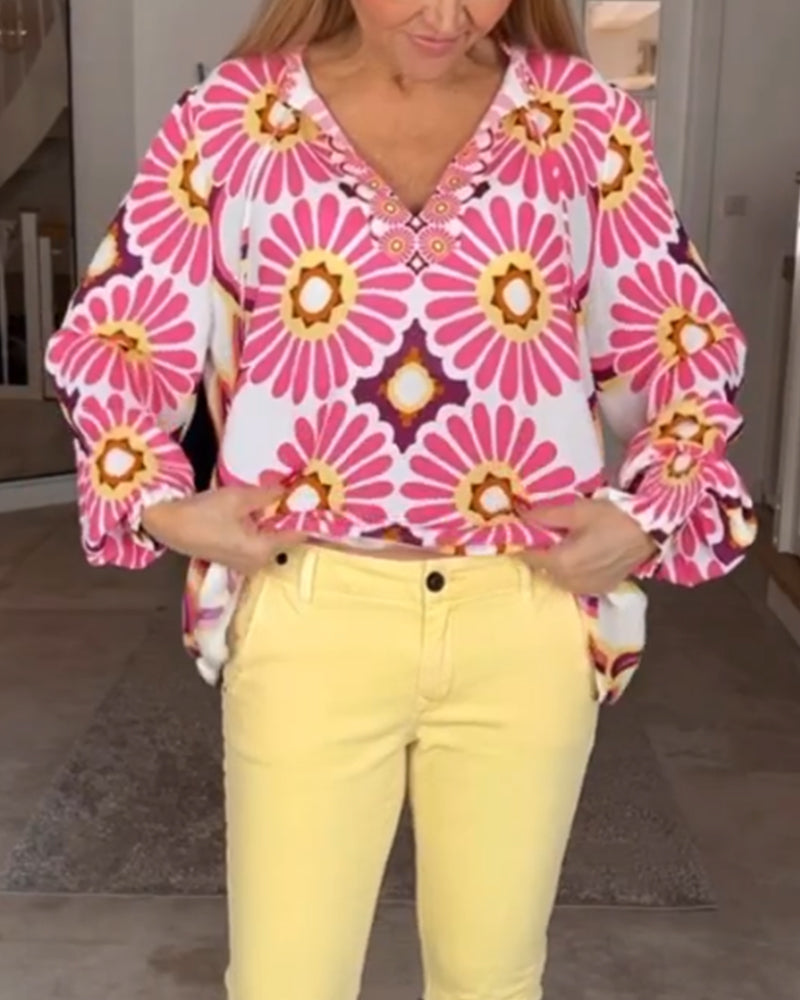 Långärmad blus med geometriskt tryck
