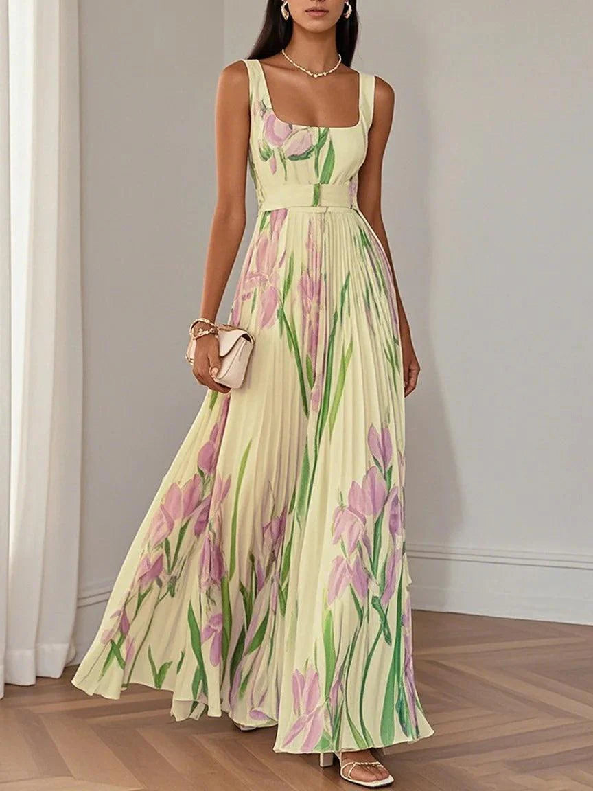 Reyanna™ | White Pleated Floral Chiffon Square Neck Sleeveless A-Line Maxi Dress